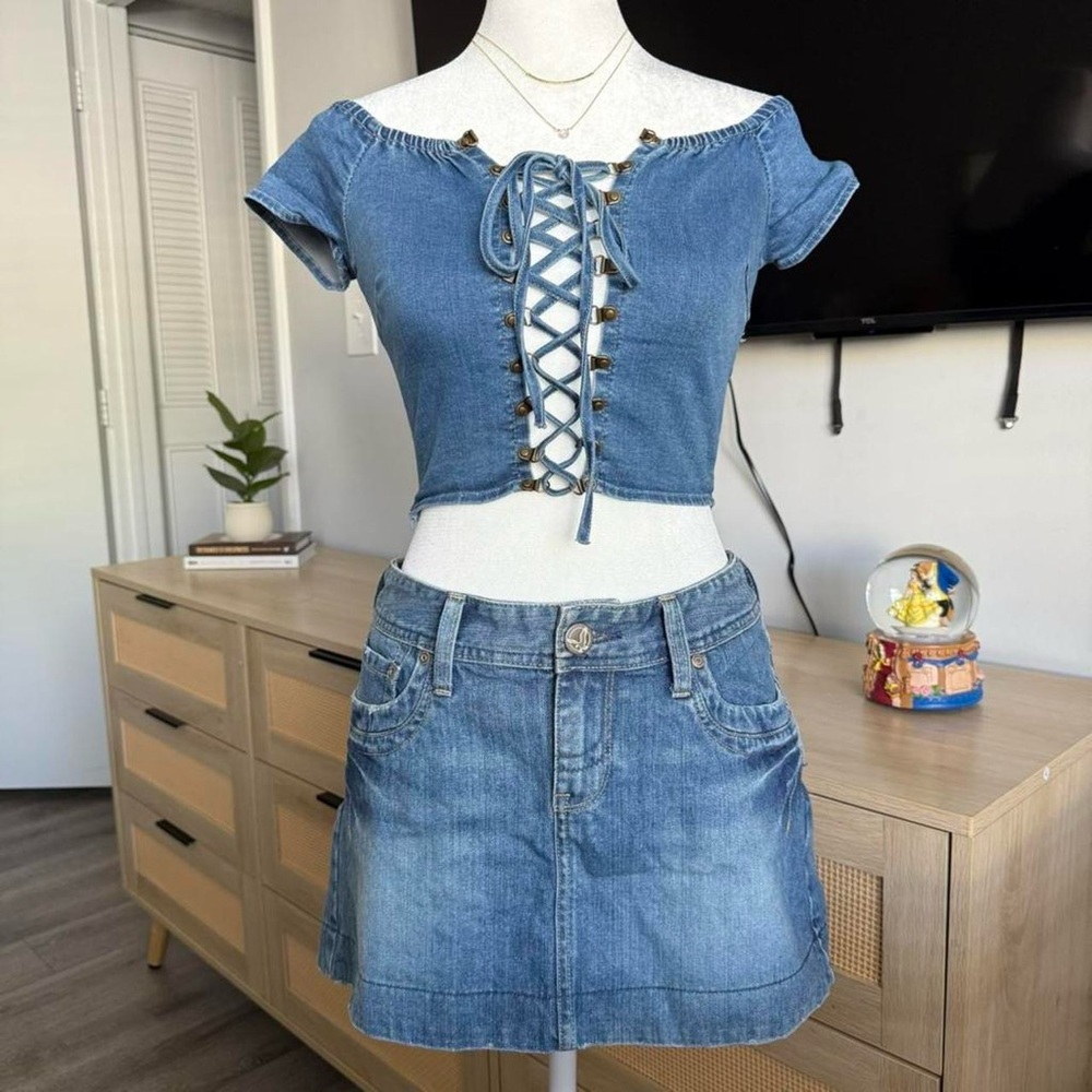 denim off the shoulder lace up corset top